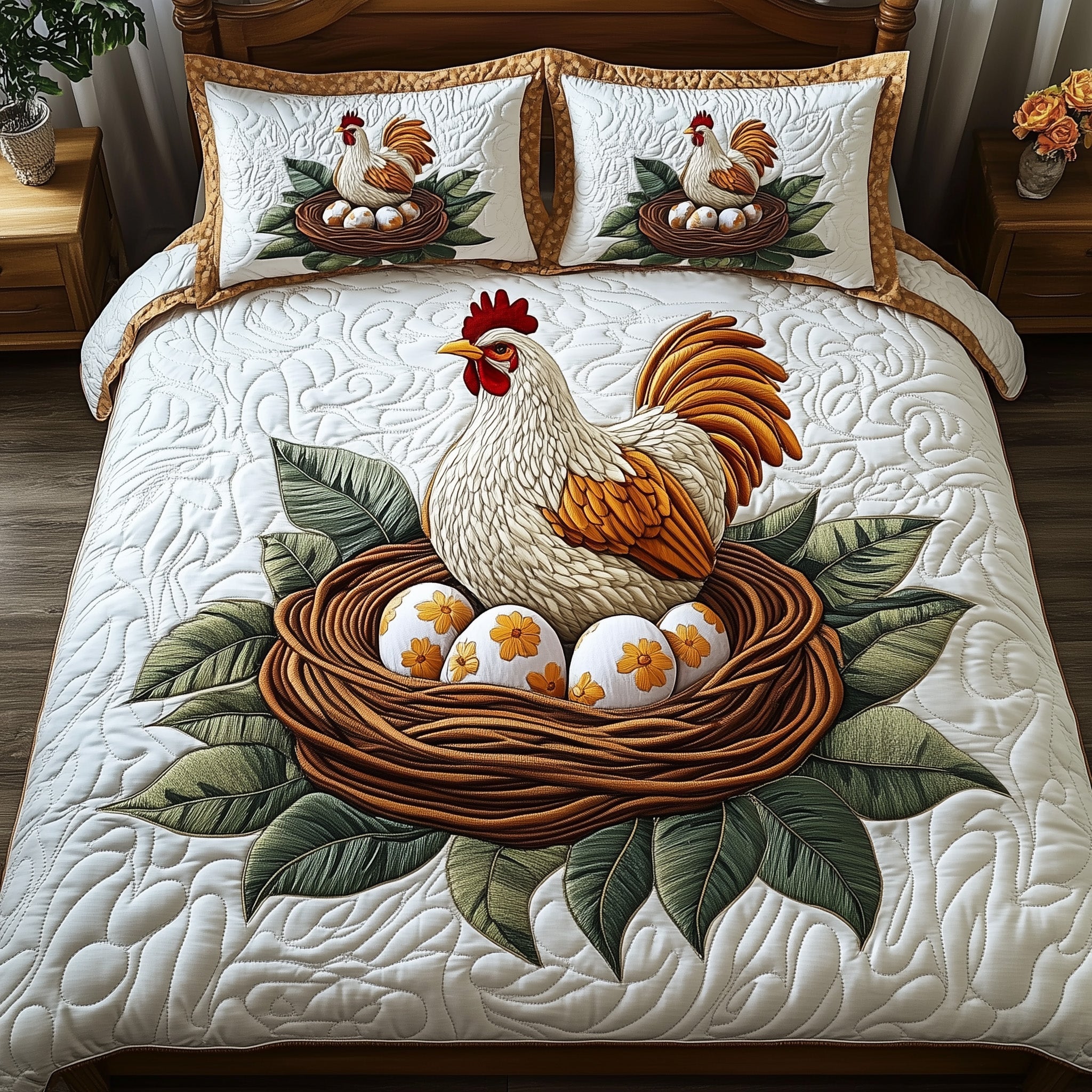Hens Quilted Bedding Set Duvet Cover Bed Sheet Unique Gifts For Chicken Lovers