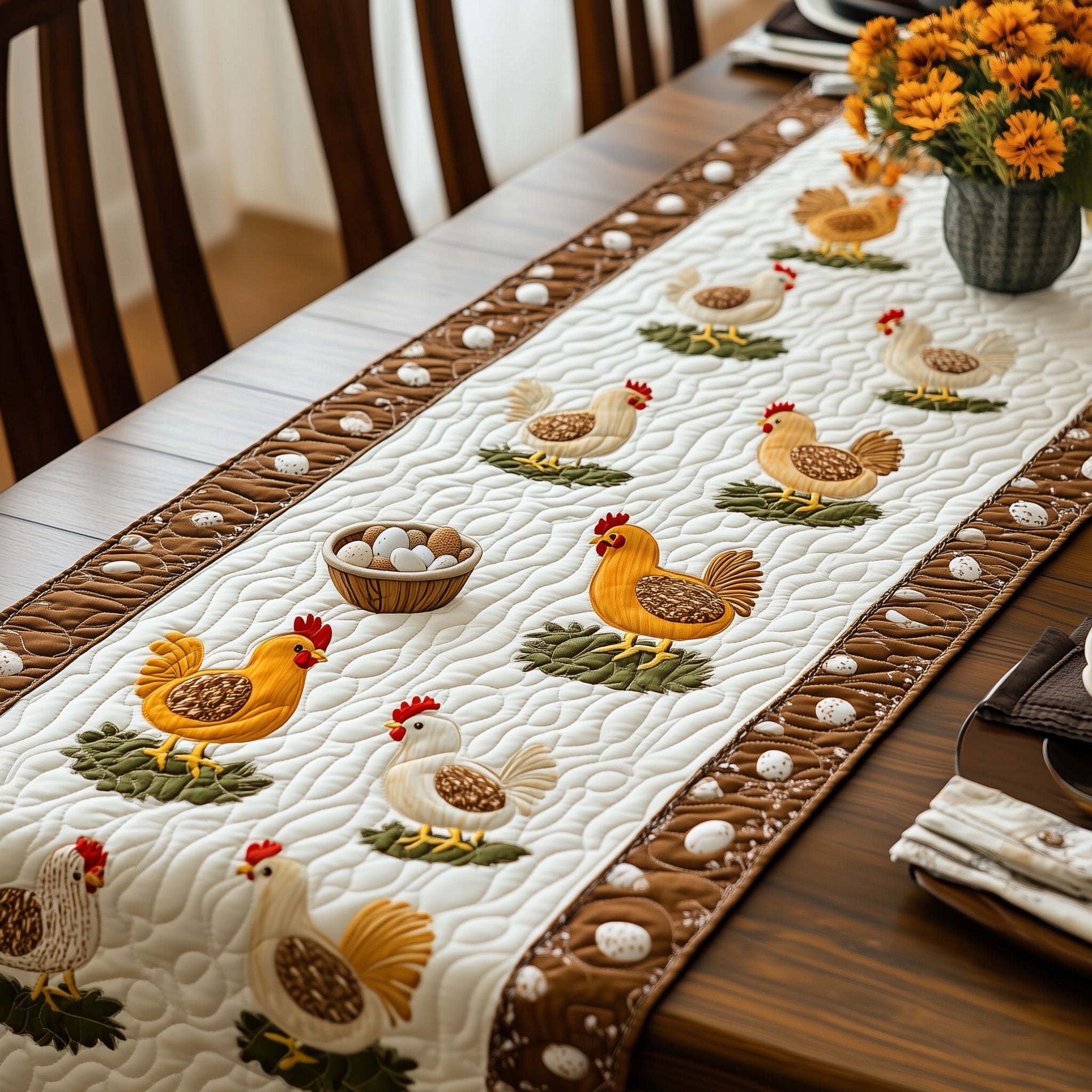 Hens Quilted Table Runner Festive Table Runner for Dining Table