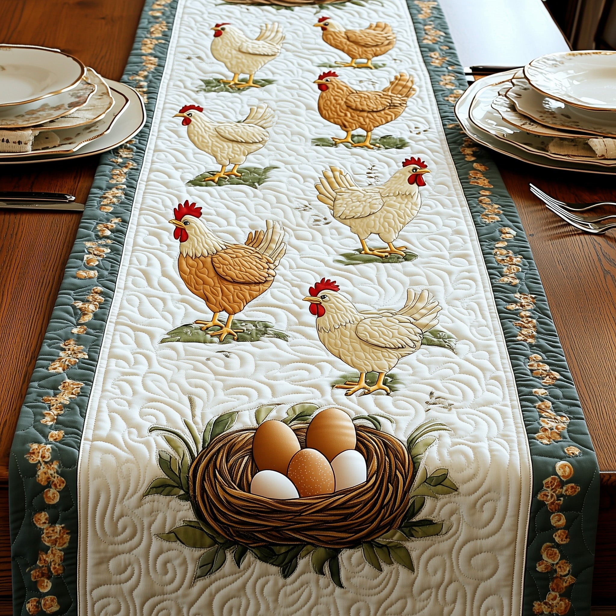 Hens Quilted Table Runner Merry Christmas Table Runner Decor