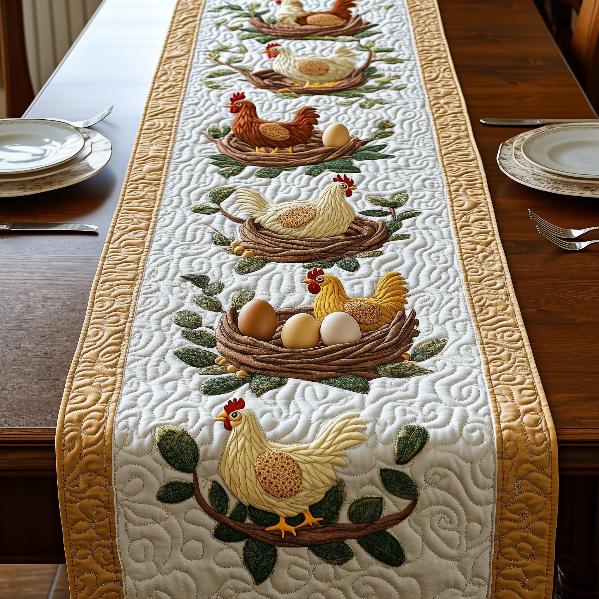Hens Quilted Table Runner Winter Holiday Table Runner Decor