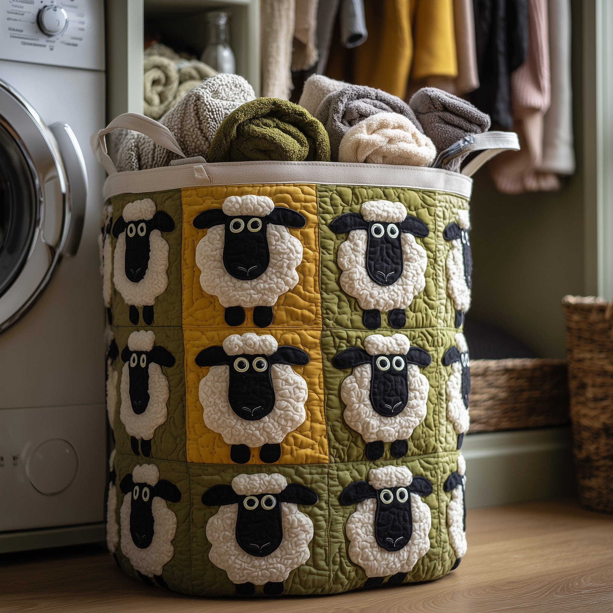Herd Of Sheeps Quilted Laundry Basket Laundry Room Decoration Animal Themed Gifts