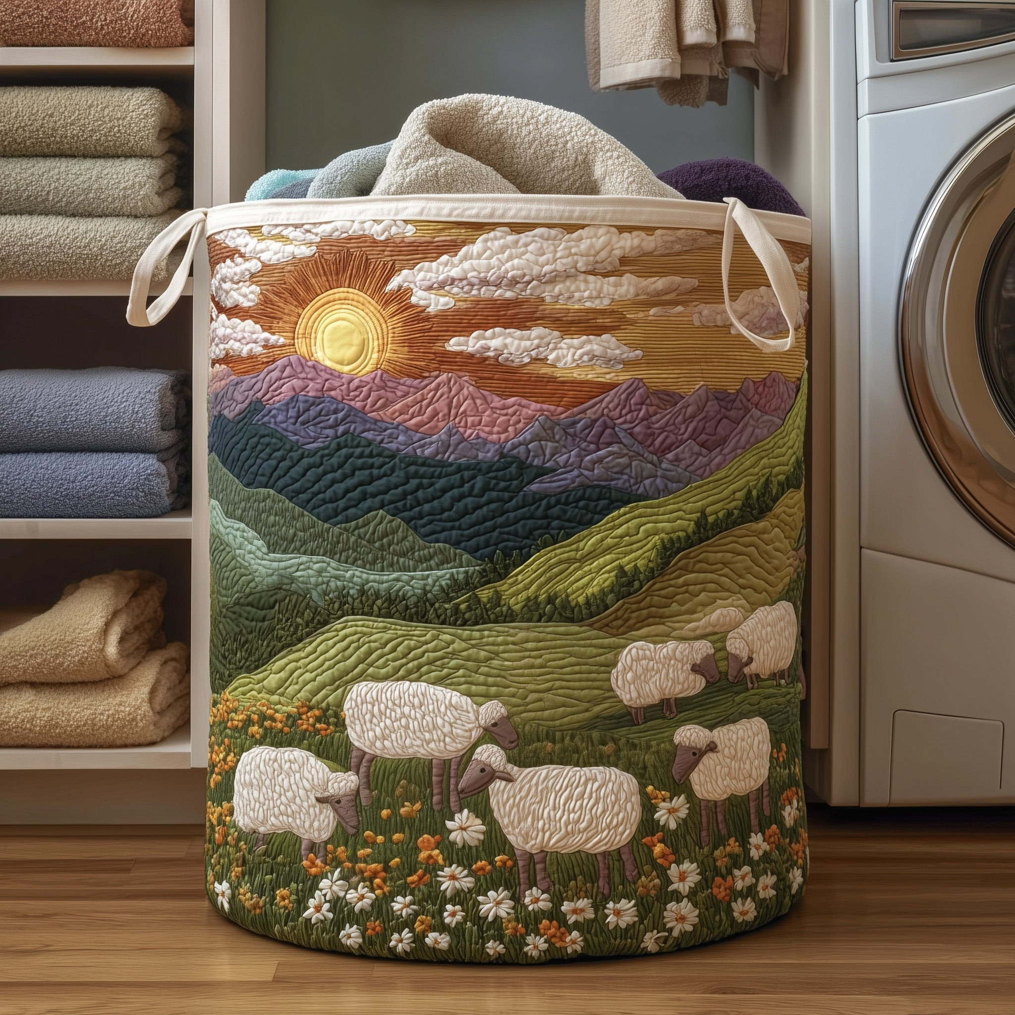 Herd Of Sheeps Quilted Laundry Basket Natural Home Decor Gift Ideas For Sheep Keepers