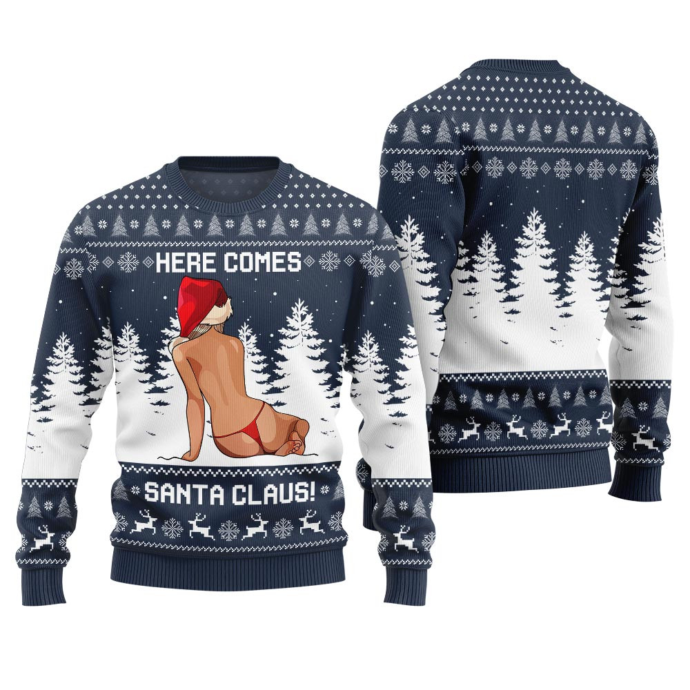 Here Comes Santa Claus Funny Christmas Sweaters For Adults Navy Funny Holiday Sweater for Family Gatherings