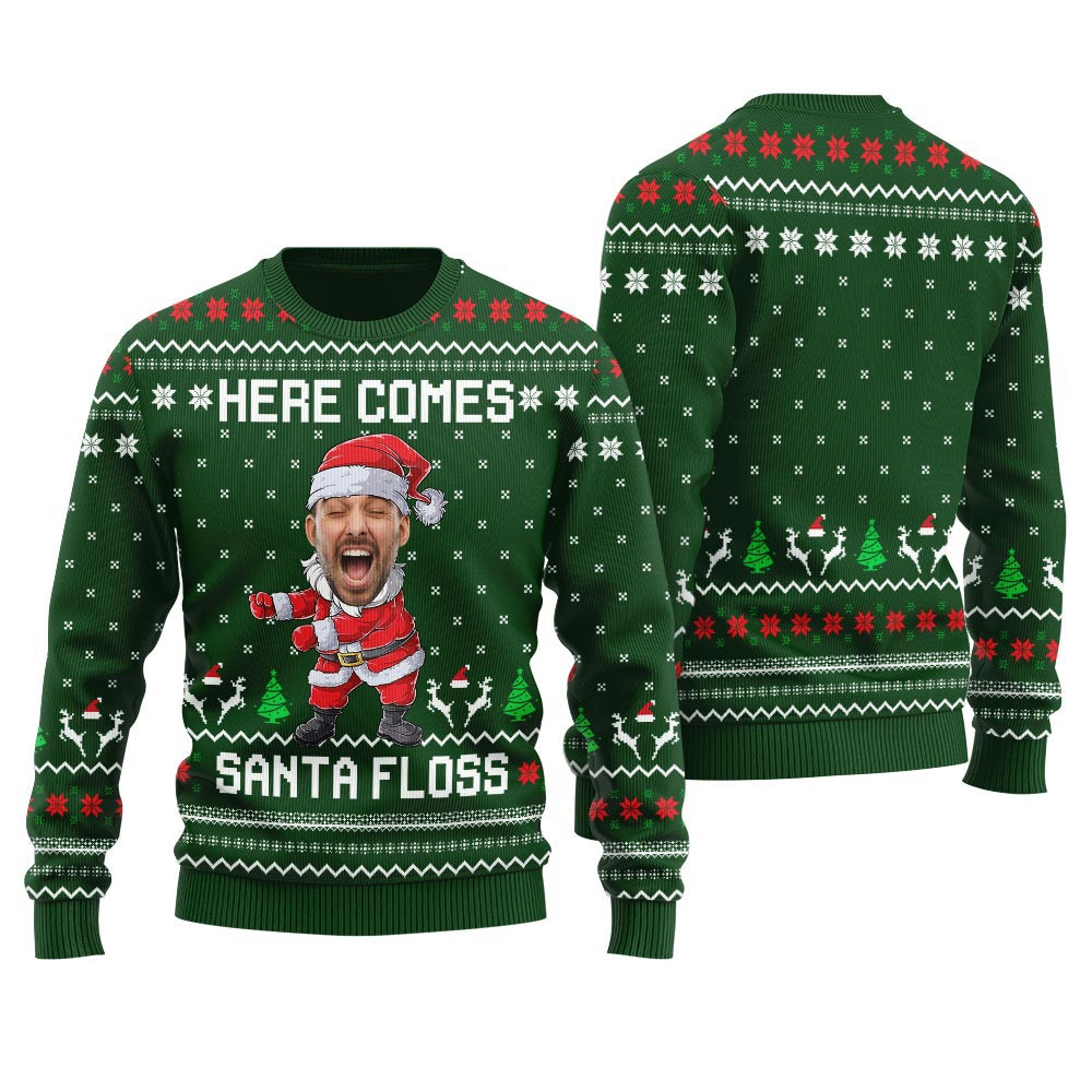 Here Comes Santa Floss Custom Face Mens Ugly Sweater Ugly Christmas Sweater For Men