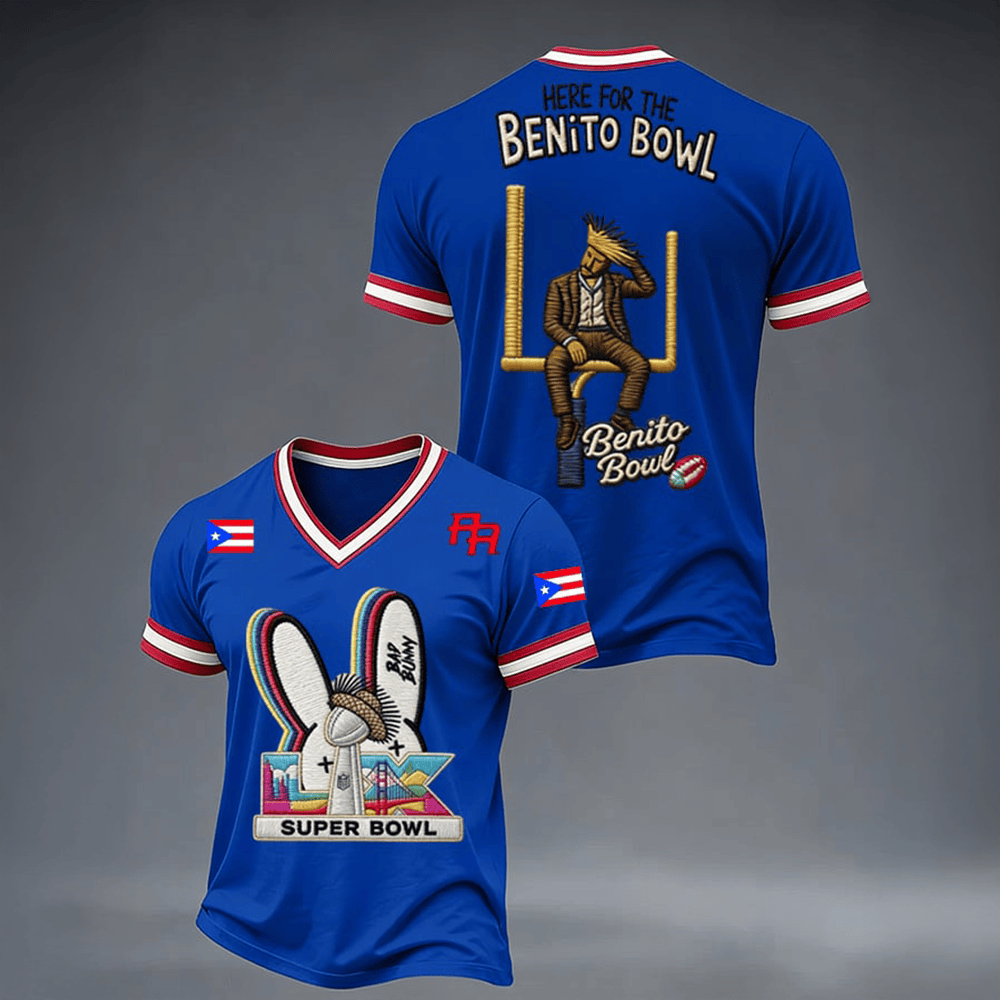 Here For The Benito Bowl Puerto Rico V-Neck Shirt Bad Bunny Super Bowl Clothes