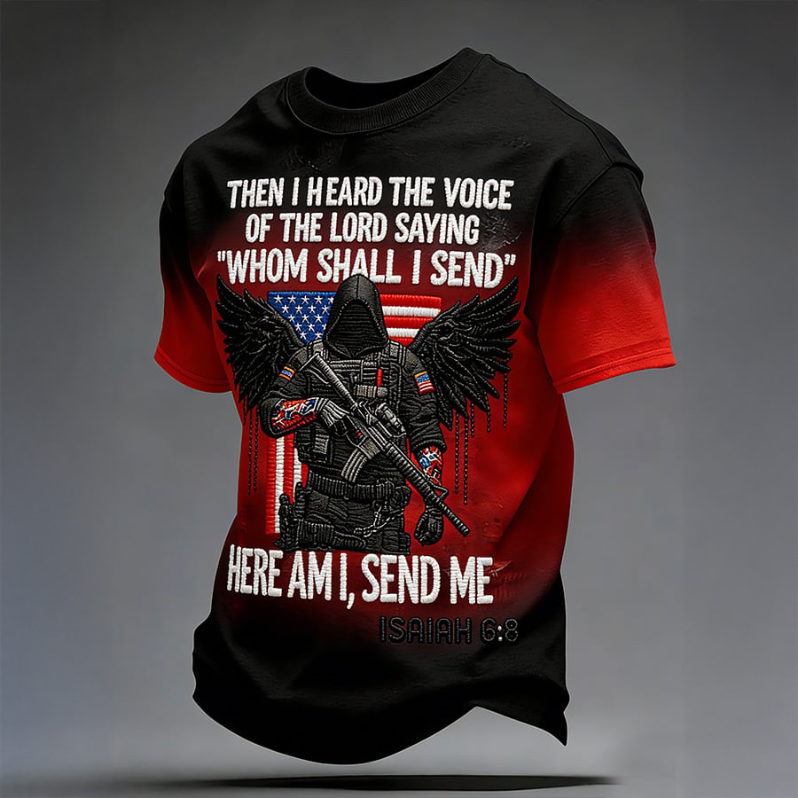 Here I Am Send Me American Flag T-Shirt Christian Themed Veteran Clothes Patriotic Gift For Veterans