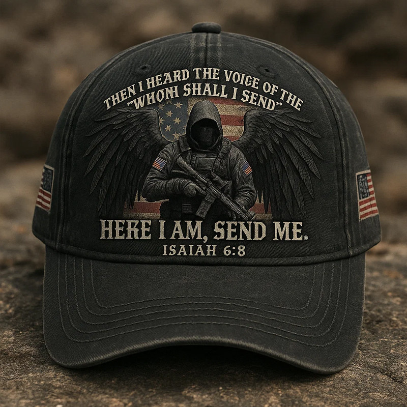 Here I Am Send Me Veteran Hat American Flag Baseball Cap Isaiah Bible Verse Gifts For Patriots