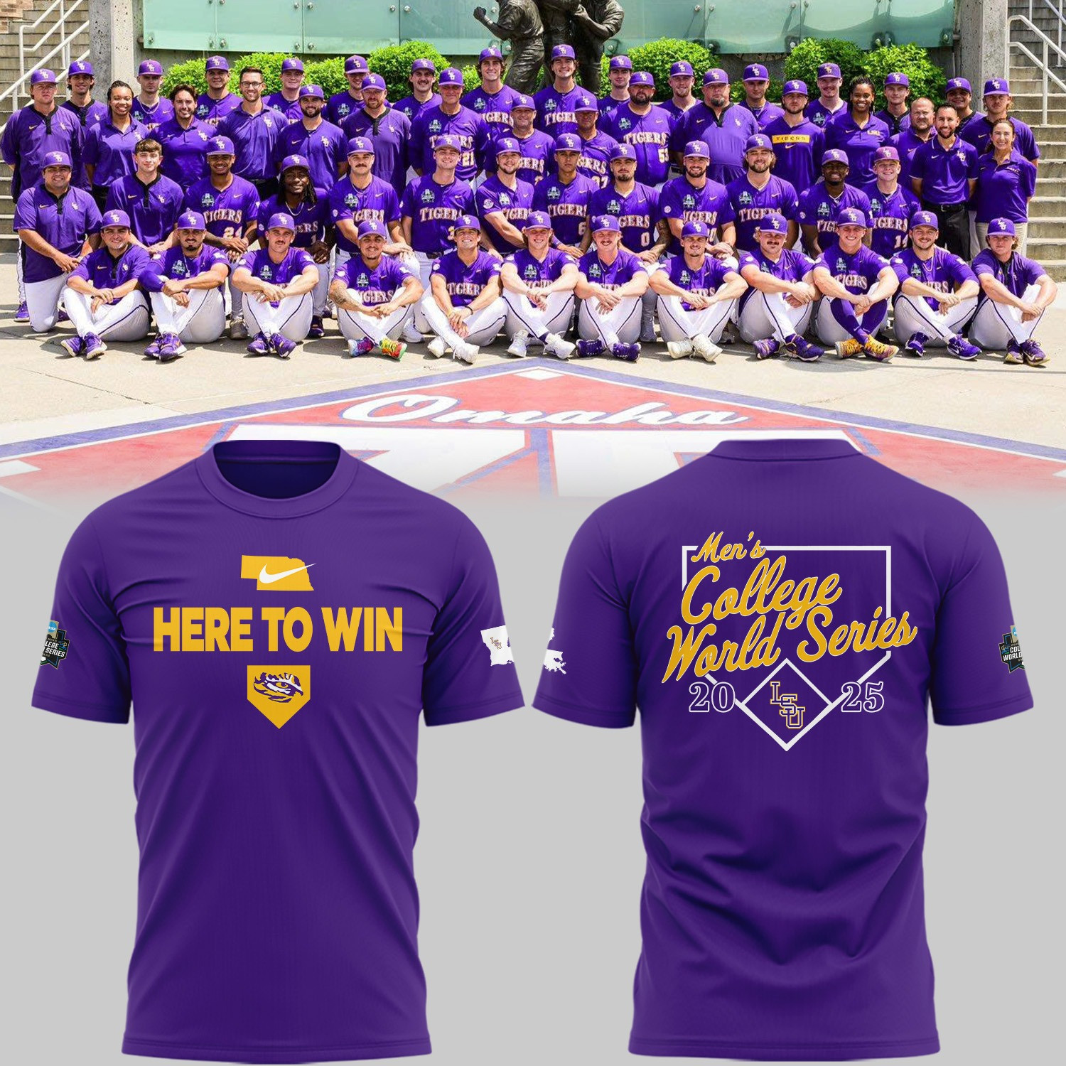 Here To Win LSU Baseball T-Shirt 2025 Great Gifts For Baseball Fans
