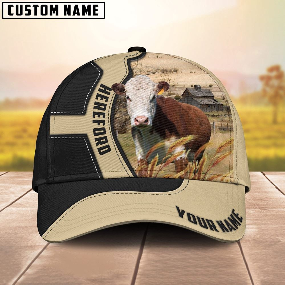 Hereford Cattle Black Khaki Pattern Customized Name Cap Farmer Baseball Cap Gift For Farmer