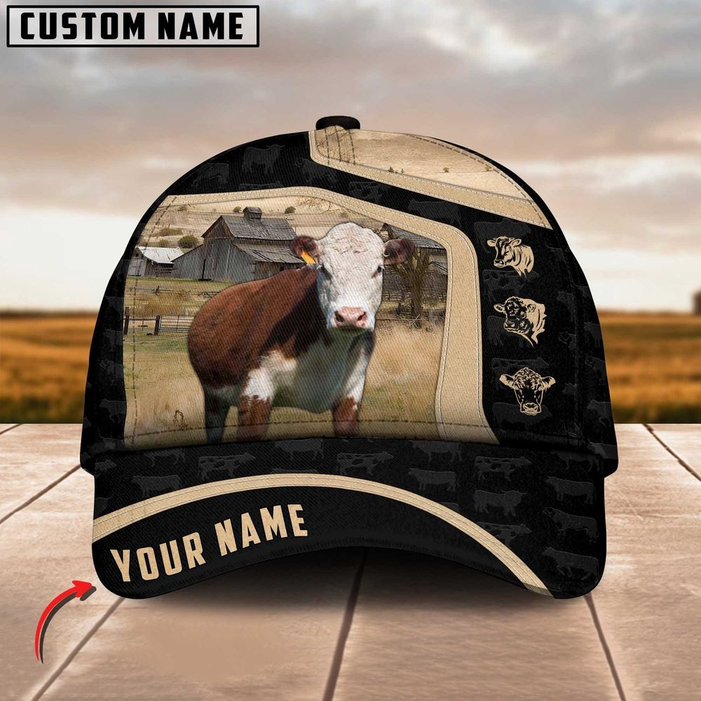 Hereford Cattle Black Yellow Pattern Customized Name Cap Farmer Baseball Cap Gift For Farmer