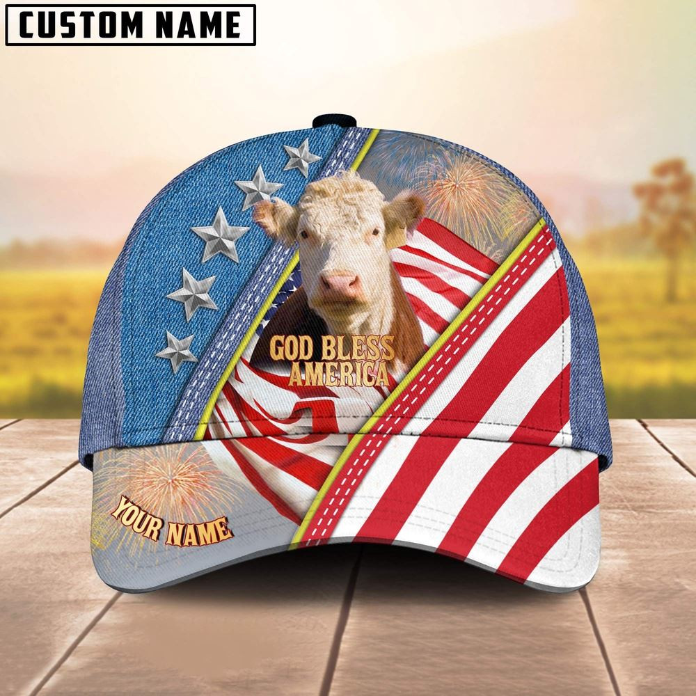 Hereford Cattle Blue Denim Pattern Customized Name Cap Farmer Baseball Cap Gift For Farmer