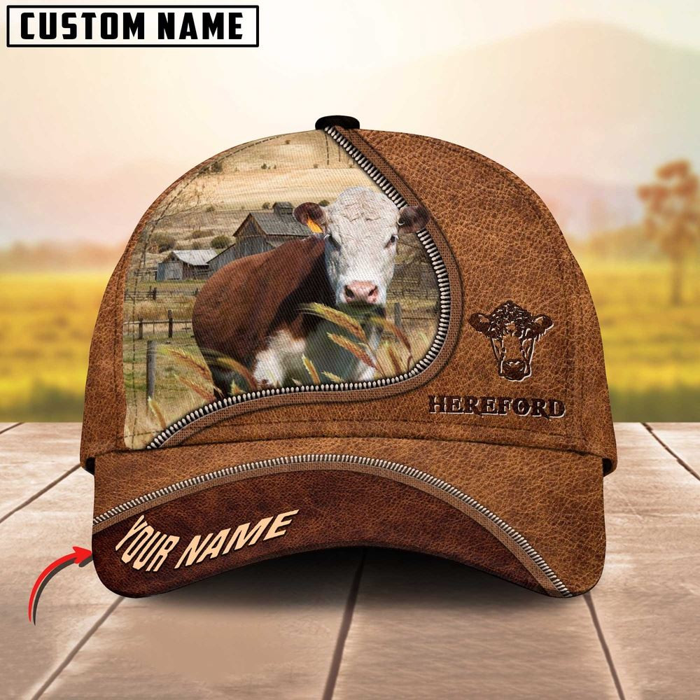Hereford Cattle Brown Leather Zip Pattern Customized Name Cap Farmer Baseball Cap Gift For Farmer