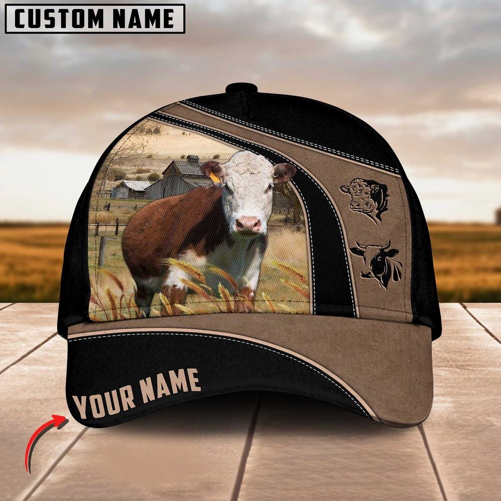 Hereford Cattle Customized Name Black Brown Cap Farm Cap Farmer Baseball Cap Gift For Farmer