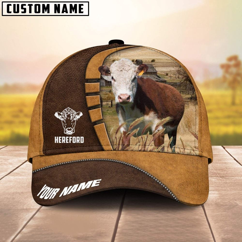 Hereford Cattle Customized Name Brown 3D Cap Farm Cap Farmer Baseball Cap Gift For Farmer