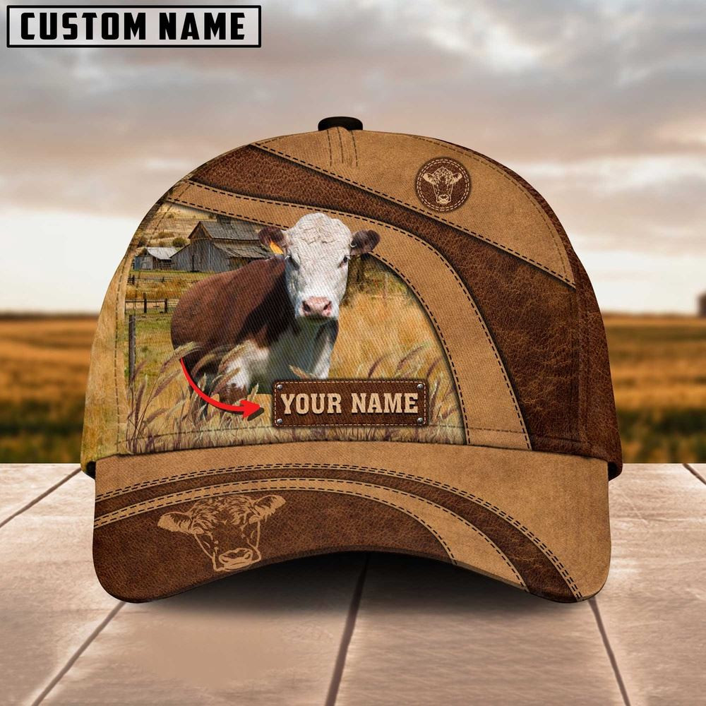 Hereford Cattle Customized Name Brown Cap Farm Cap Farmer Baseball Cap Gift For Farmer