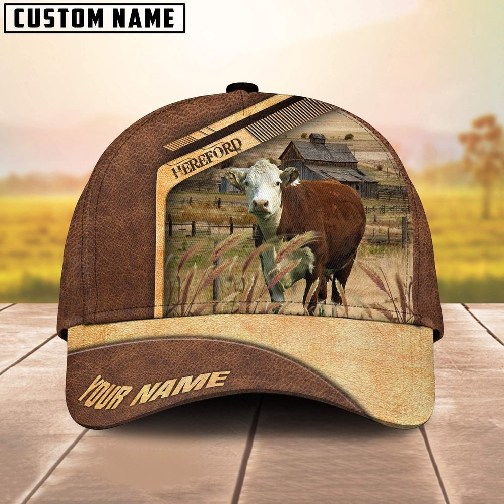 Hereford Cattle Customized Name Brown Farm Cap Farm Cap Farmer Baseball Cap Gift For Farmer