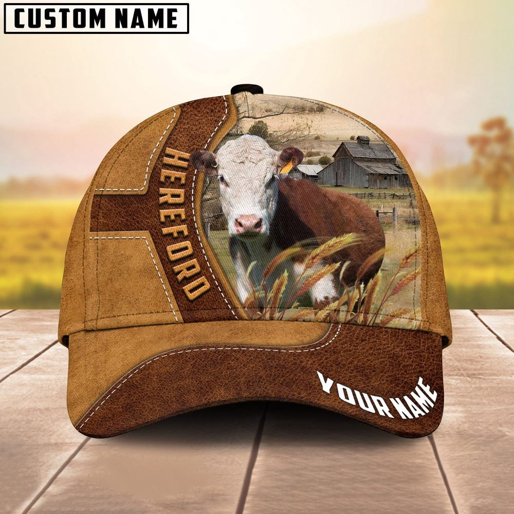 Hereford Cattle Customized Name Brown Leather Pattern Cap Farmer Baseball Cap Gift For Farmer
