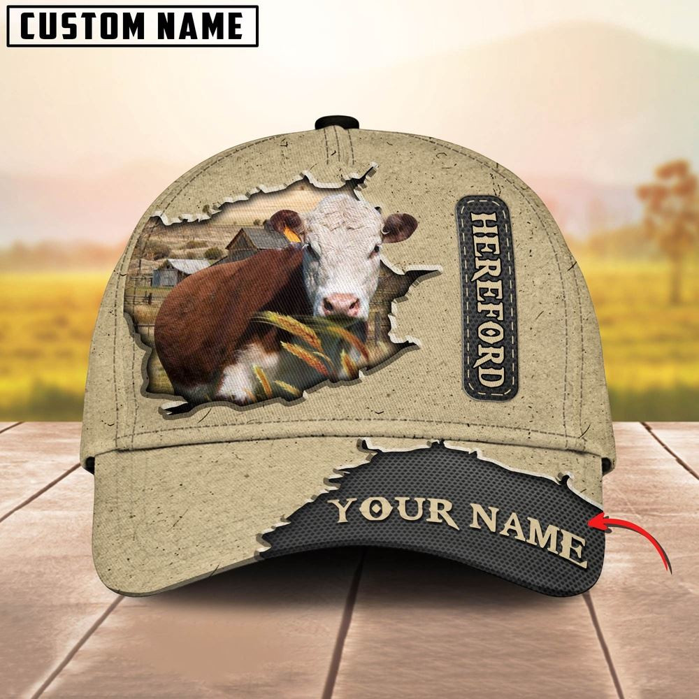 Hereford Cattle Customized Name Khaki Leather Pattern Cap Farmer Baseball Cap Gift For Farmer