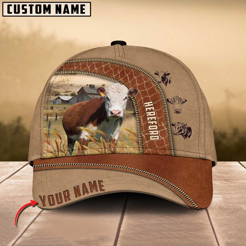 Hereford Cattle Customized Name Light Brown Cap Farmer Baseball Cap Gift For Farmer