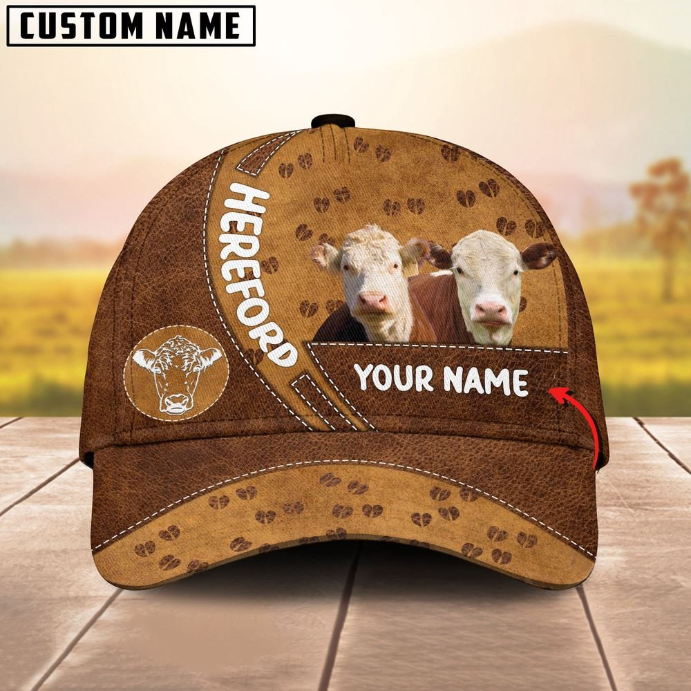 Hereford Cattle Happiness Brown Yellow Customized Name Cap Farmer Baseball Cap Gift For Farmer