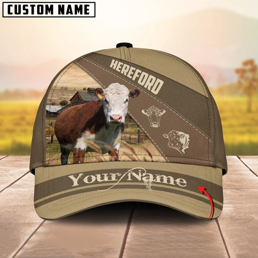 Hereford Cattle Khaki Pattern Customized Name Cap Farmer Baseball Cap Gift For Farmer