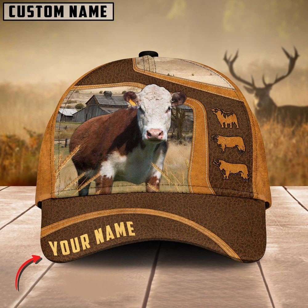Hereford Cattle Leather Pattern Customized Name Cap Farmer Baseball Cap Gift For Farmer