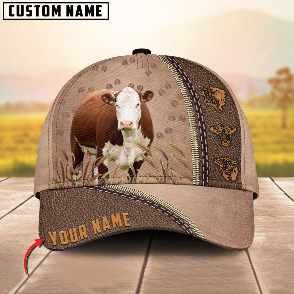Hereford Cattle Personalized Name Brown Leather Pattern Cap Farmer Baseball Cap Gift For Farmer