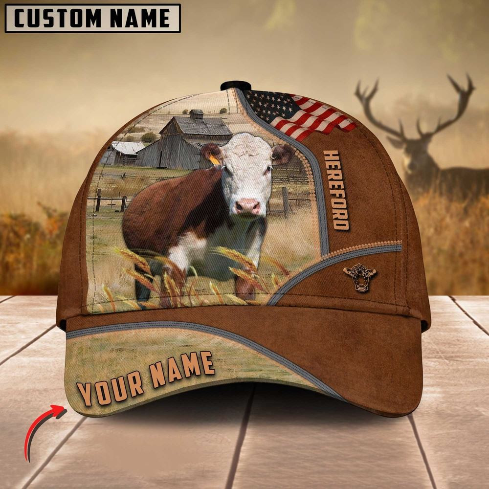 Hereford Cattle US Flag Customized Name Brown Cap Farmer Baseball Cap Gift For Farmer