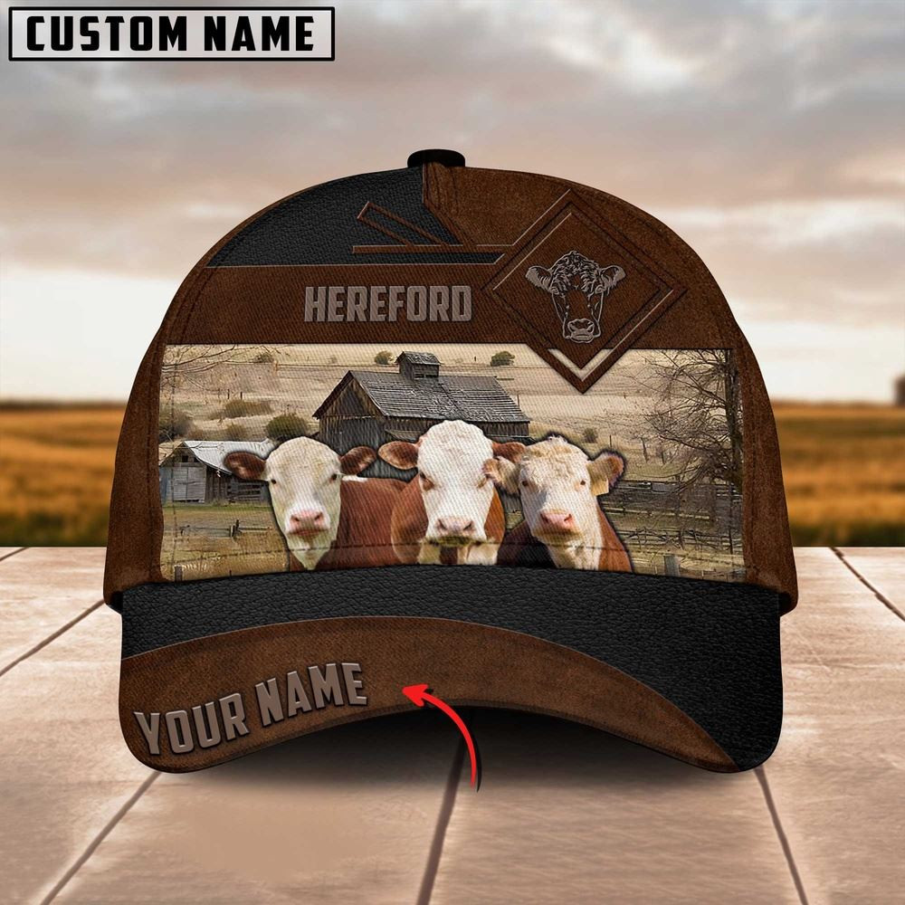 Hereford Custom Name Brown Leather Pattern Cap Farm Cap Farmer Baseball Cap Gift For Farmer