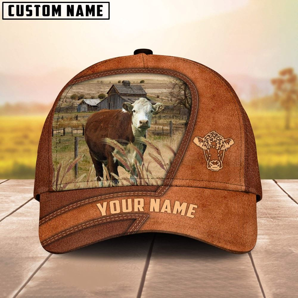Hereford Customized Name Brown Leather Pattern Cap Farm Cap Farmer Baseball Cap Gift For Farmer