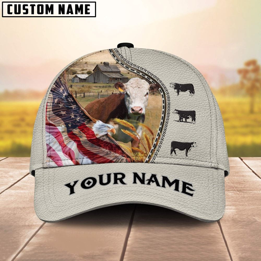 Hereford Eagle US Flag Leather Pattern Customized 3D Cap Farmer Baseball Cap Gift For Farmer