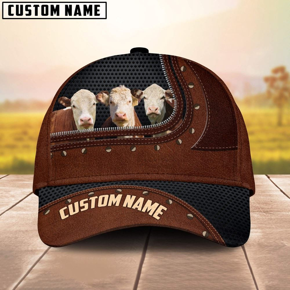 Hereford Happiness Zipper Pattern Customized Name Cap Farmer Baseball Cap Gift For Farmer