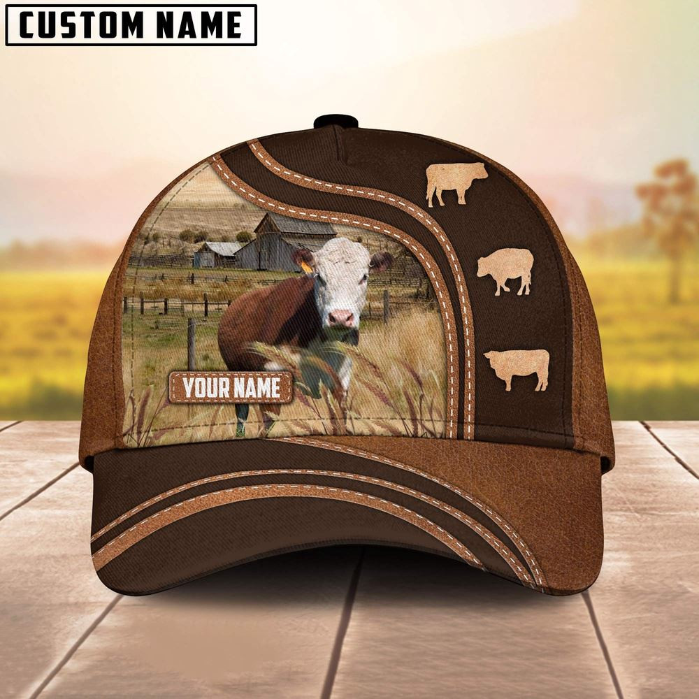 Hereford Leather Brown Pattern Customized Name Cap Farmer Baseball Cap Gift For Farmer