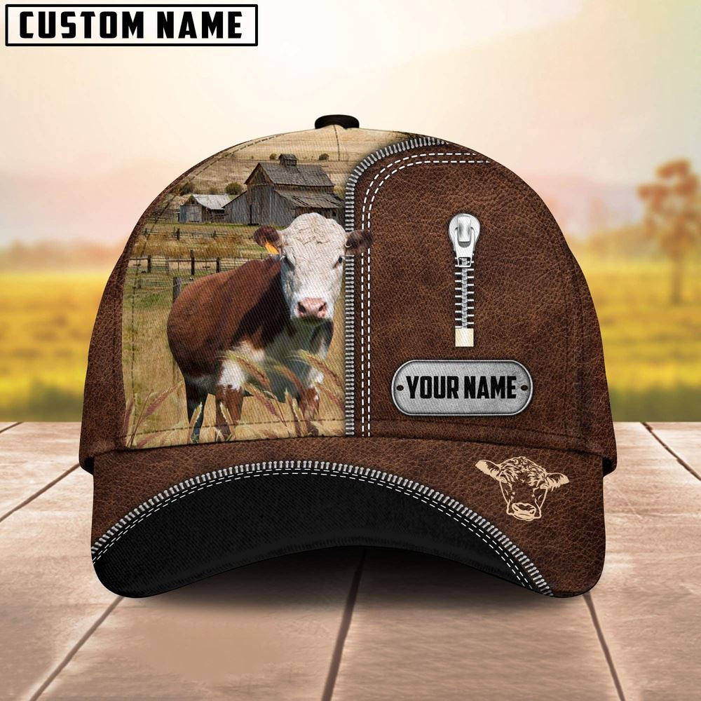 Hereford Leather Zip Pattern Customized Name Cap Farmer Baseball Cap Gift For Farmer