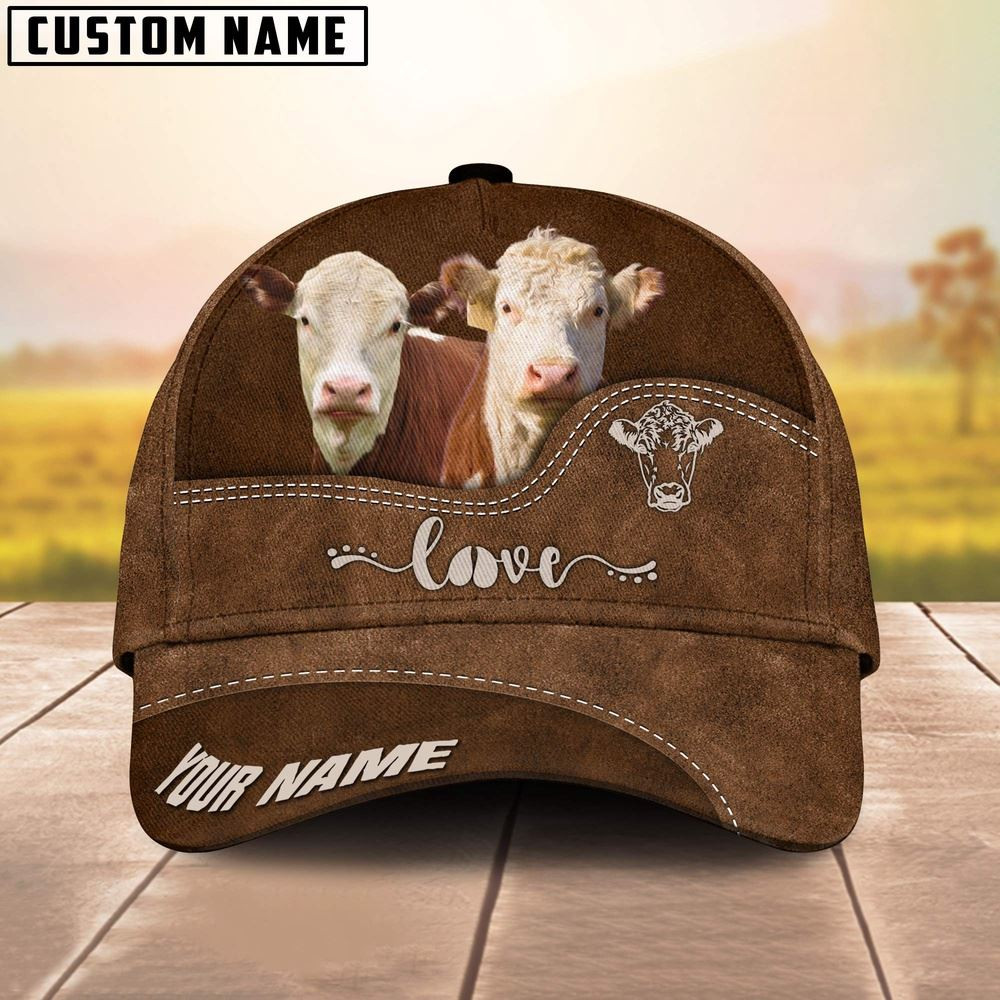 Hereford Love Leather Pattern Customized Name Cap Farmer Baseball Cap Gift For Farmer