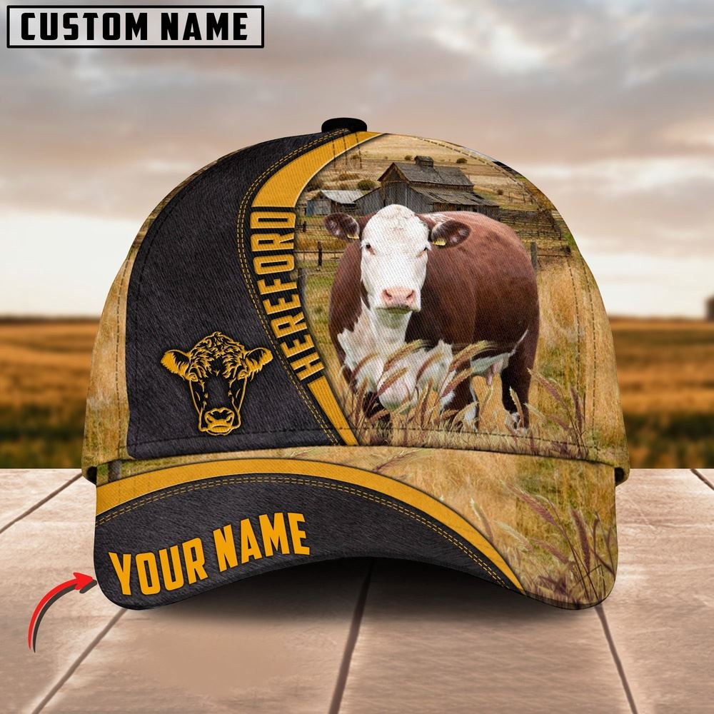 Hereford On Farm Black Yellow Leather Pattern Customized 3D Cap Farmer Baseball Cap Gift For Farmer