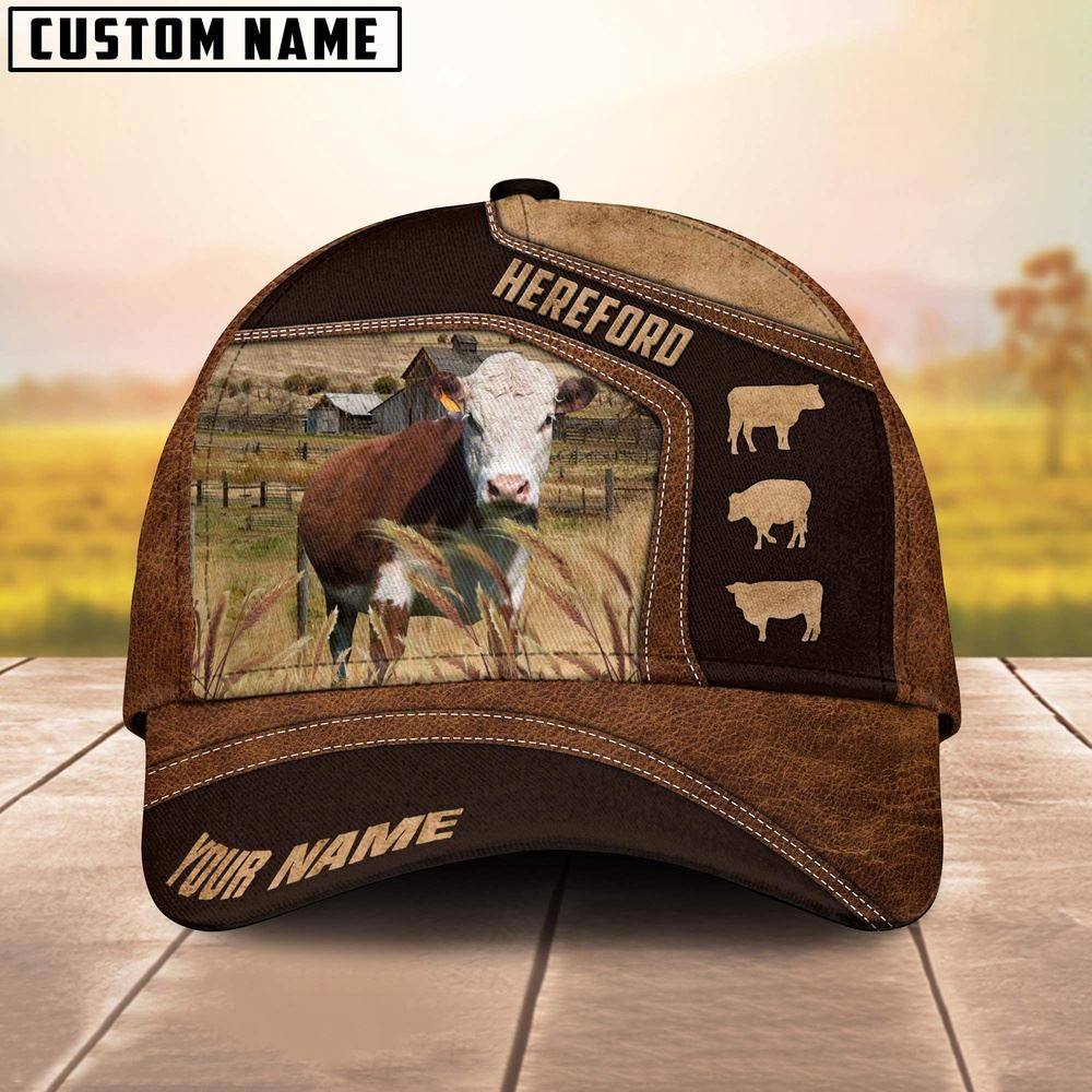 Hereford On Farm Brown Leather Pattern Customized 3D Cap Farmer Baseball Cap Gift For Farmer