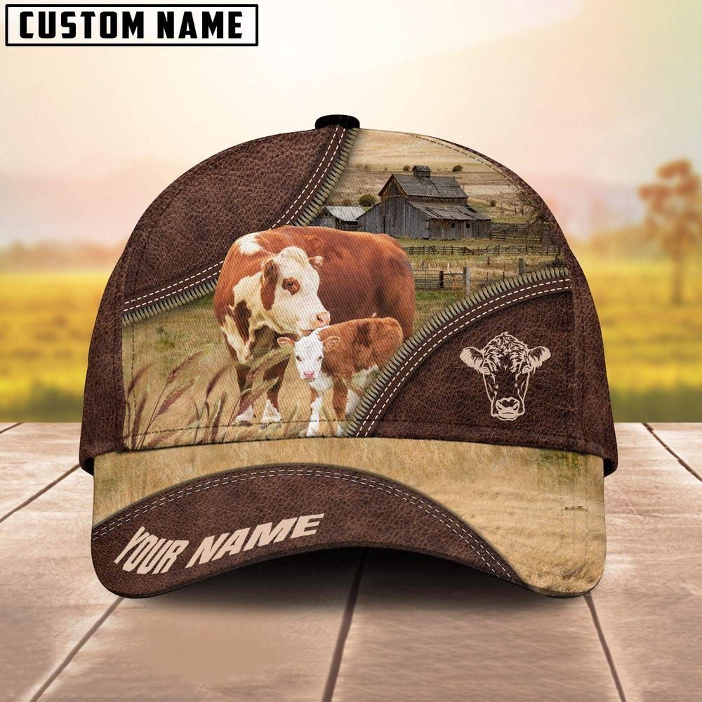 Hereford On The Farm Customized Name 3D Brown Cap Farmer Baseball Cap Gift For Farmer