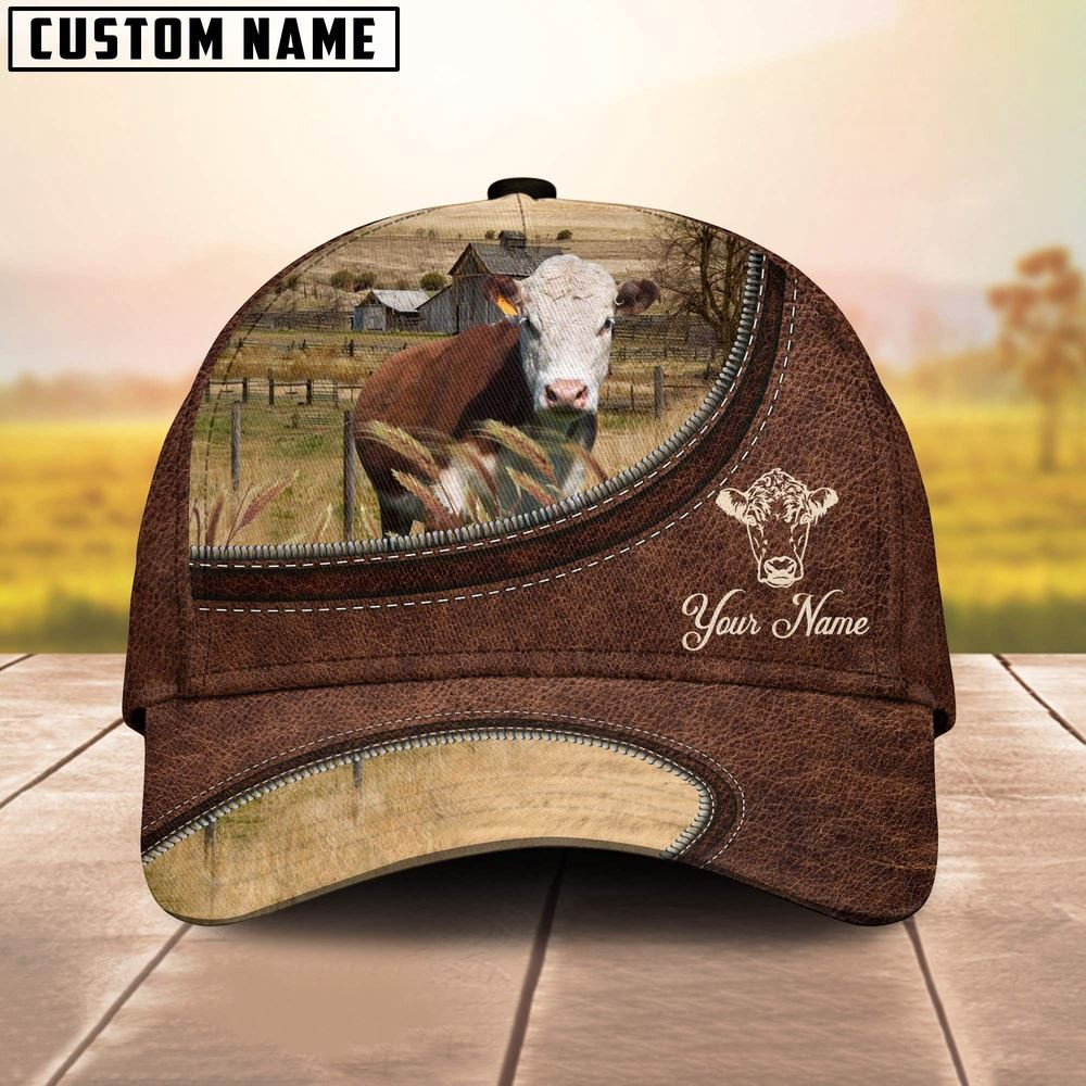 Hereford On The Farm Customized Name Leather Pattern Cap Farmer Baseball Cap Gift For Farmer
