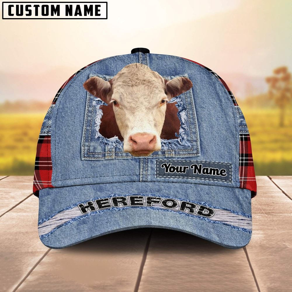 Hereford Overall Jeans Pattern And Red Caro Pattern Customized Name Cap Farmer Baseball Cap Gift For Farmer
