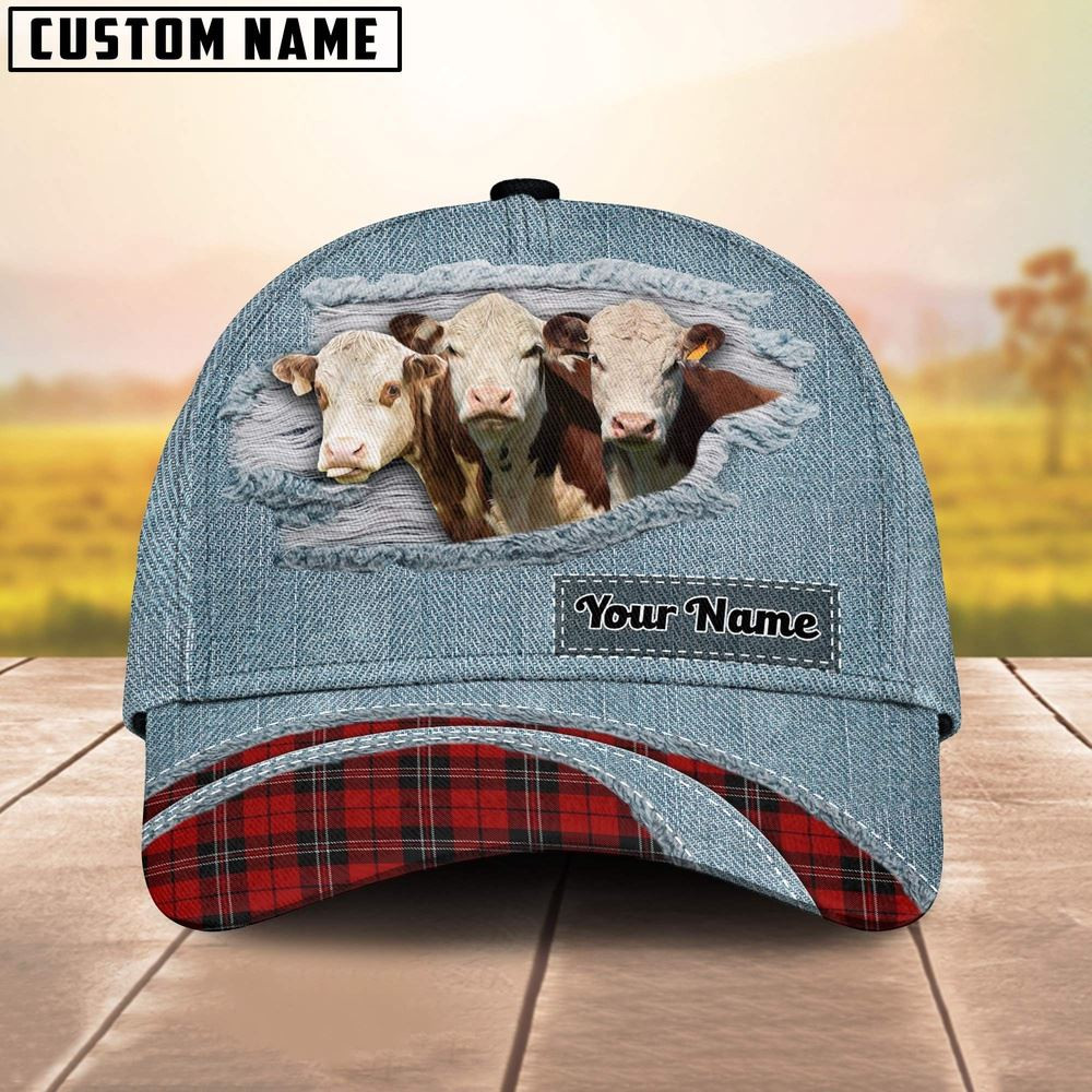 Hereford Red Caro And Jeans Pattern Customized Name Cap Farmer Baseball Cap Gift For Farmer