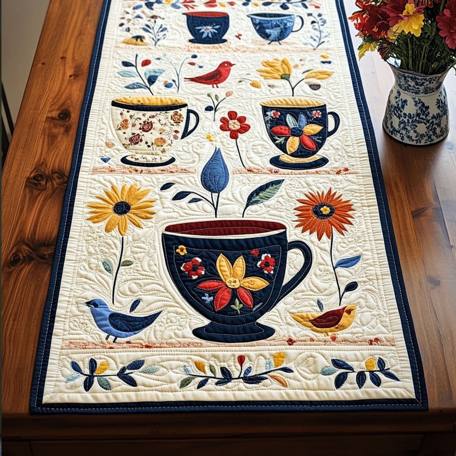 Heritage Blossom Quilted Table Runner Dining Room Table Decor Gift Ideas For Bird Lovers
