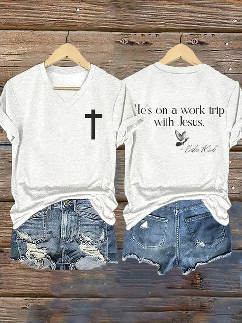 He's On A Work Trip With Jesus V-neck Shirt Cross Charlie Kirk Gear