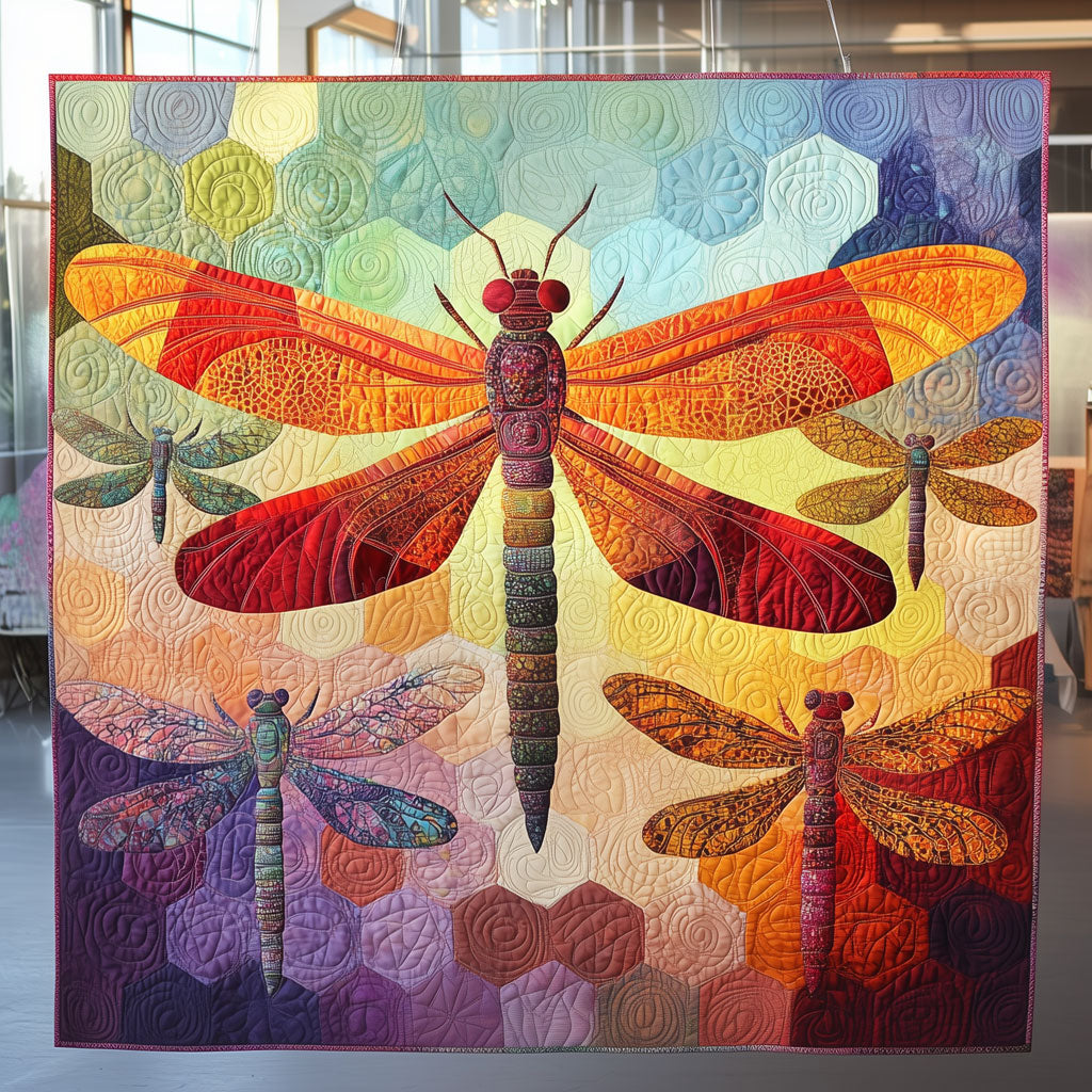 Hexagon Mosaic Dragonflies Quilt Home Essential Gift Cozy Quilt Blanket