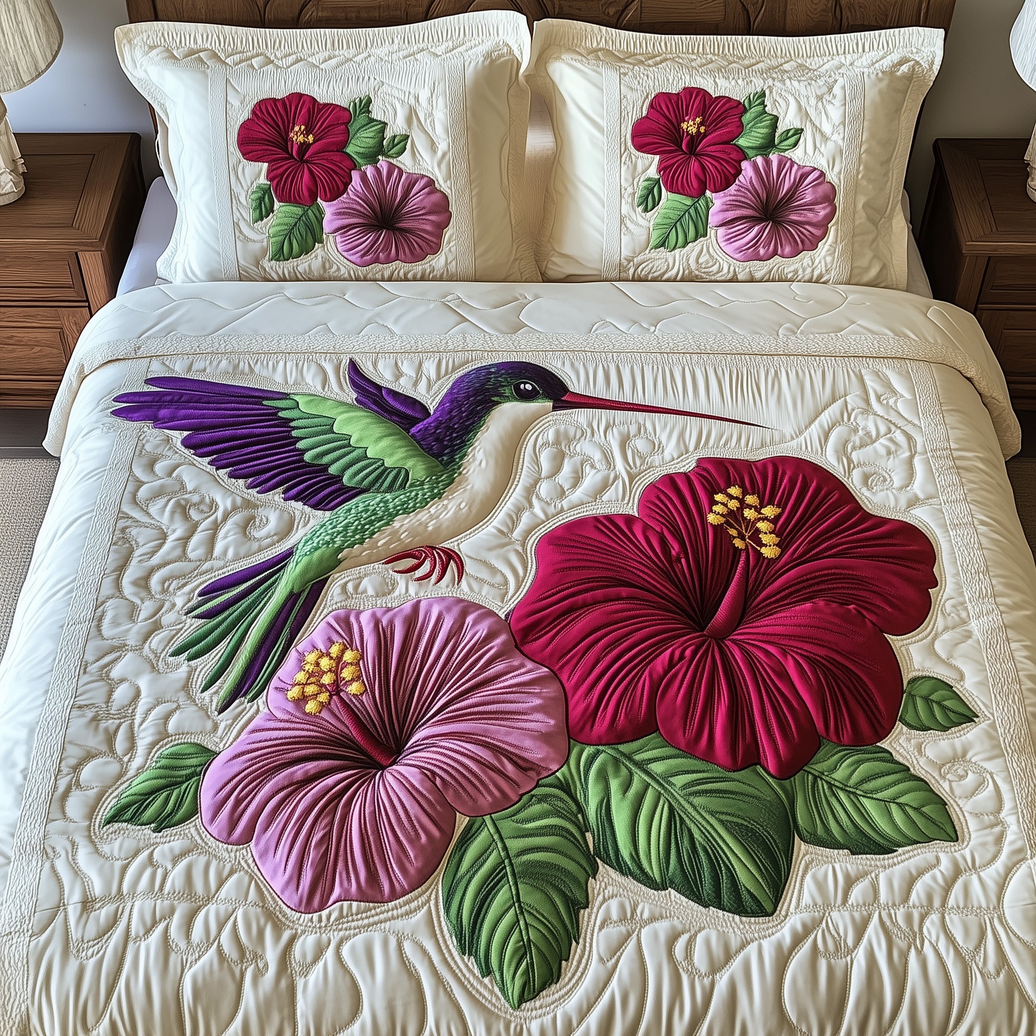 Hibicus Dance Quilted Bedding Set Cotton Sateen