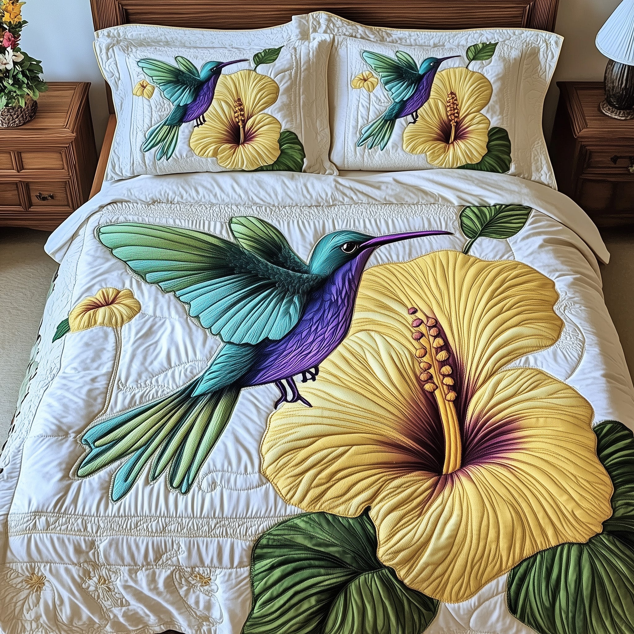 Hibicus Dance Quilted Bedding Set Duvet Cover Bedspread Great Hummingbird Themed Gifts