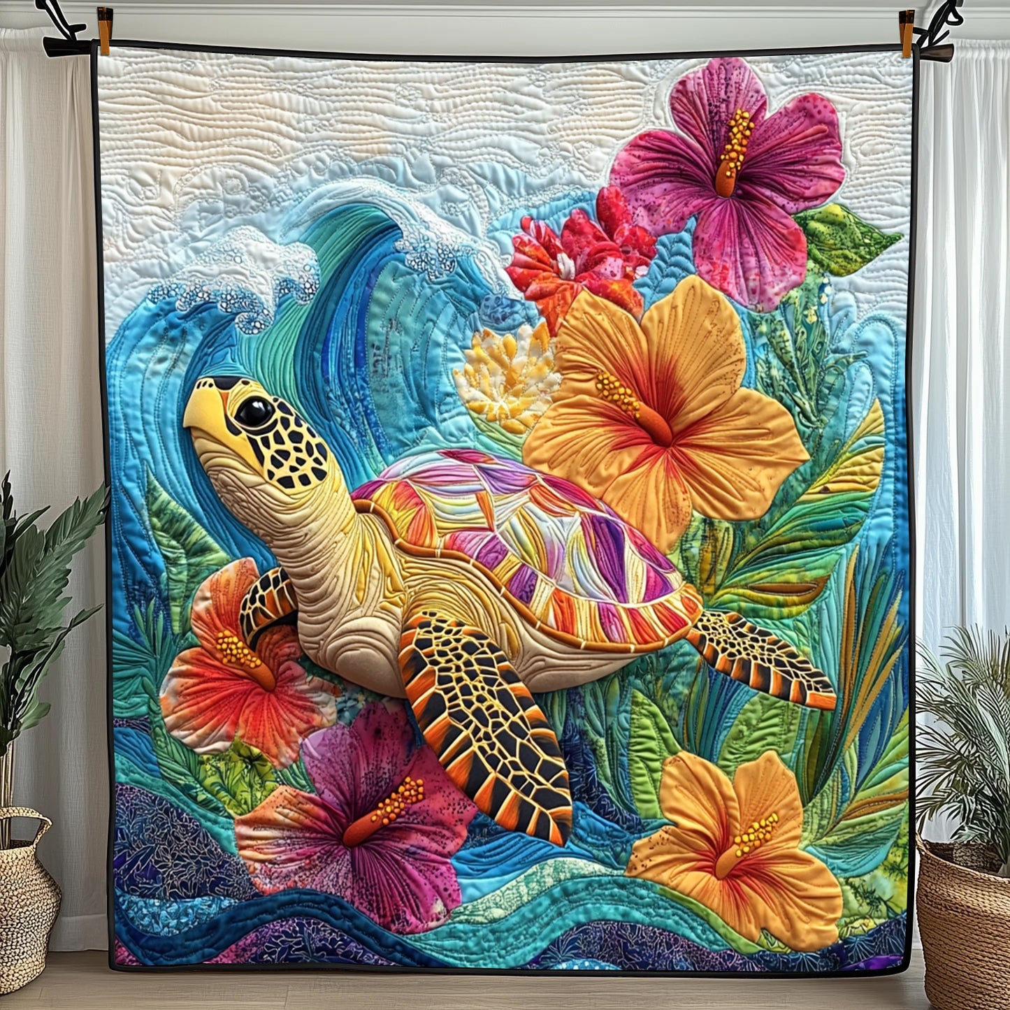 Hibicus Turtle Quilted Blanket Cute Bed BlanketGifts For A Turtle Lover Christmas