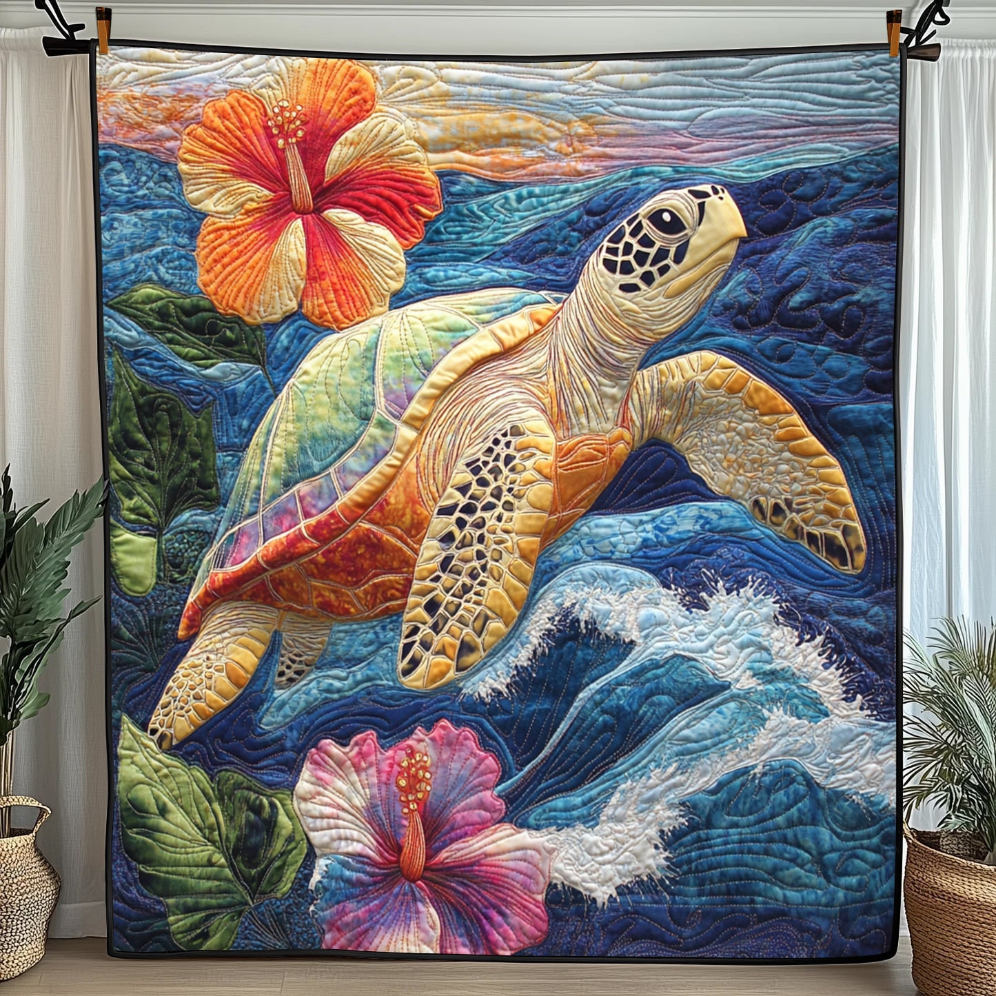 Hibicus Turtle Quilted Blanket Cute Bed BlanketTurtle Gifts For Turtle Lovers