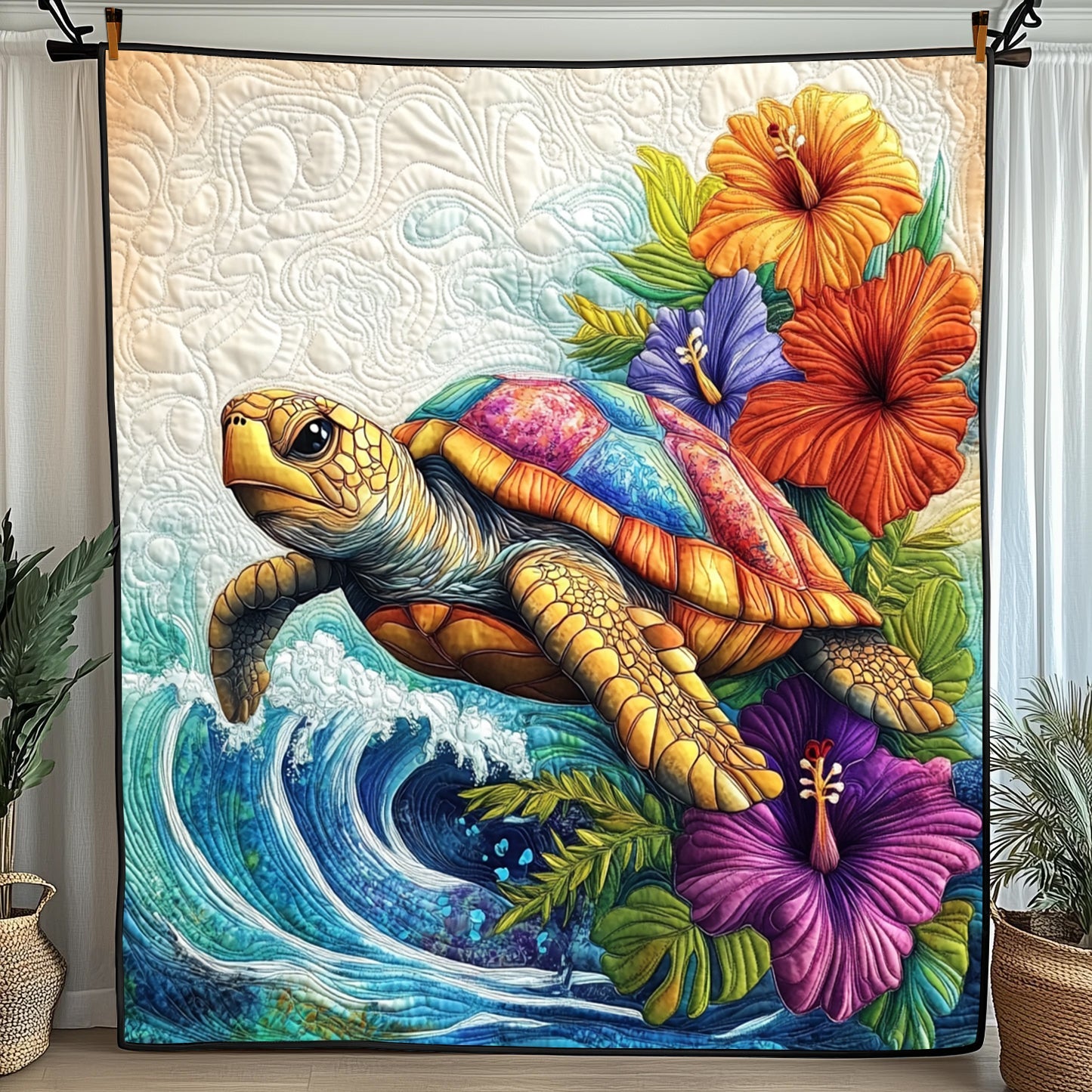 Hibicus Turtle Quilted Blanket Cute Bed BlanketUnique Gifts For Turtle Lovers