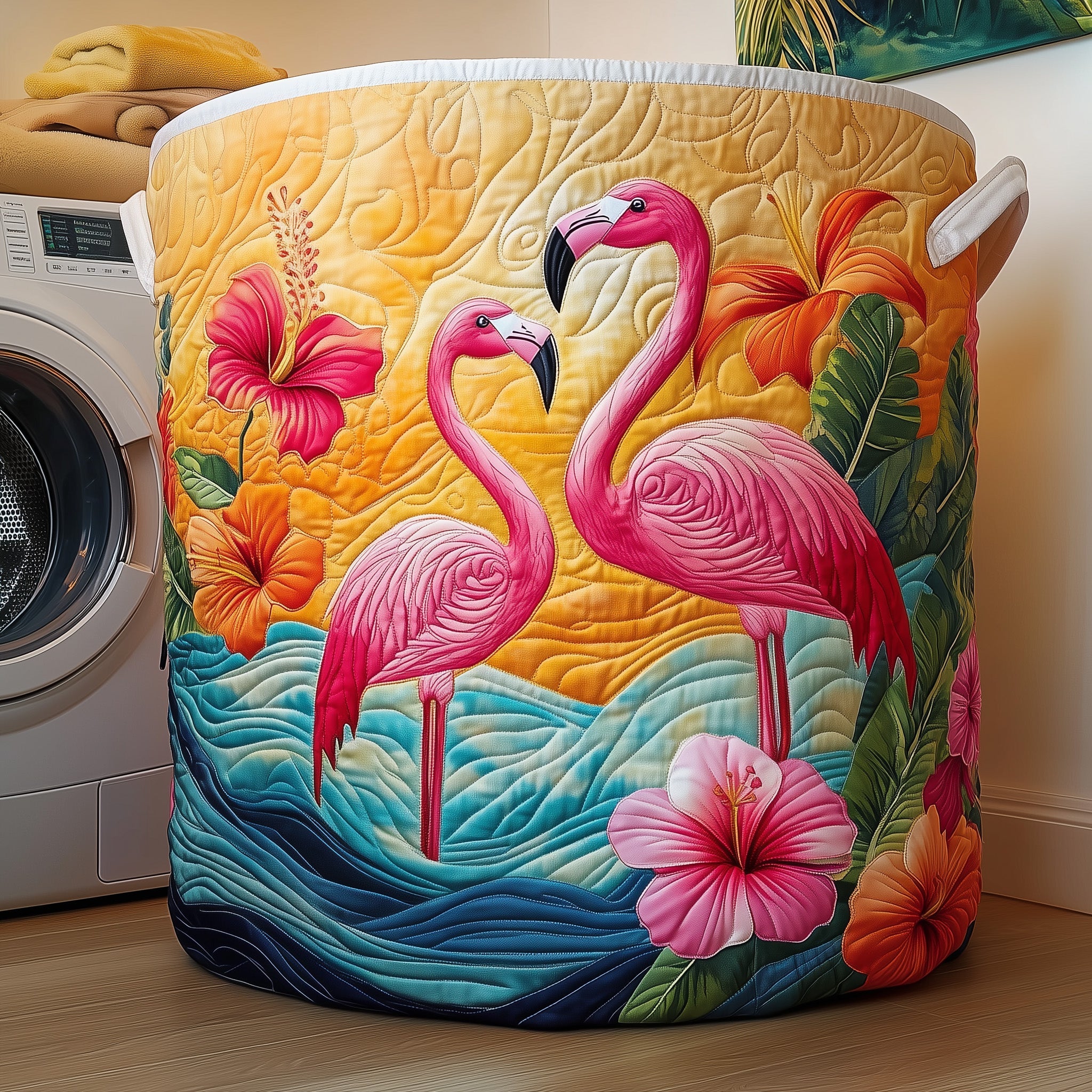 Hibiscus And Flamingo Quilted Laundry Basket Christmas Merch Gift